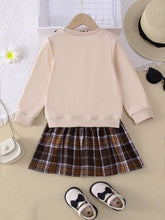 1pc Girls Casual "My Cat" Letter Bow Cat Graphic Soft Knit Long Sleeve Sweatshirt Plaid Dress, Autumn/Winter